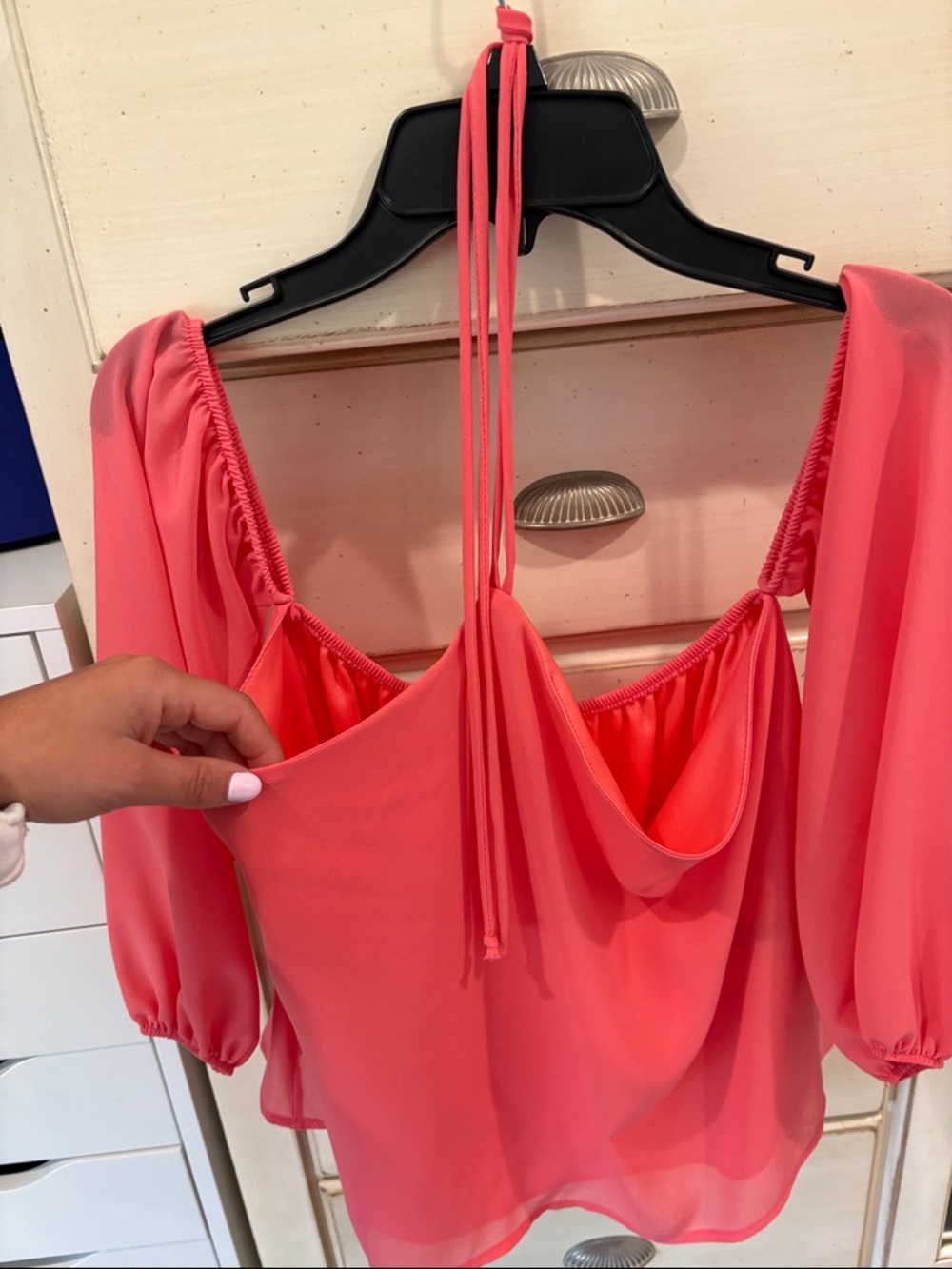 Aqua Coral Pink Off-Shoulder Chiffon Blouse
